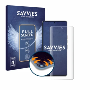 Front side of a product packaging with the brand logo Savvies. Next to it is the device Tecno Camon 40 Pro 5G shown with the c