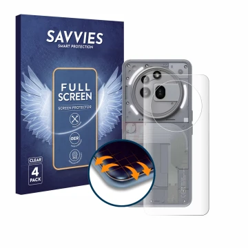 Front side of a product packaging with the brand logo Savvies. Next to it is the device Nothing Phone (3a) Pro (Back) shown wi