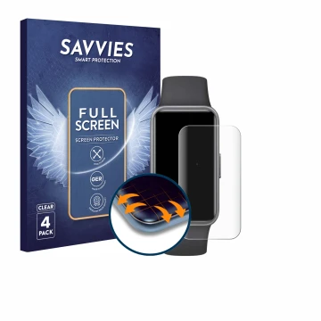Front side of a product packaging with the brand logo Savvies. Next to it is the device Huawei Band 10 shown with the correspo