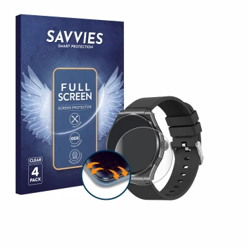 Front side of a product packaging with the brand logo Savvies. Next to it is the device Knauermann Pro 3 2024 (round) shown wi
