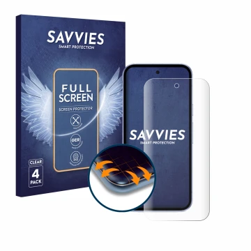 Front side of a product packaging with the brand logo Savvies. Next to it is the device Google Pixel 9a shown with the corresp