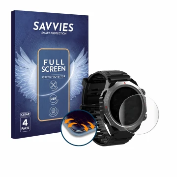 Front side of a product packaging with the brand logo Savvies. Next to it is the device Atheewon S10 1.39