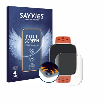Front side of a product packaging with the brand logo Savvies. Next to it is the device Huami Amazfit Bip 6 shown with the cor