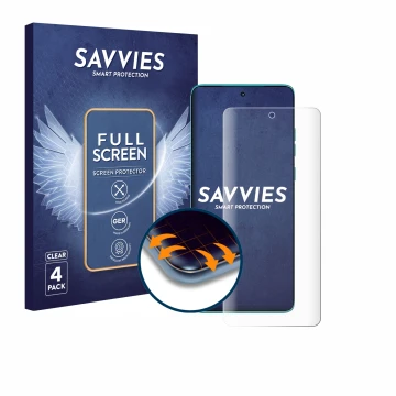 Front side of a product packaging with the brand logo Savvies. Next to it is the device Motorola Edge 60 Fusion shown with the