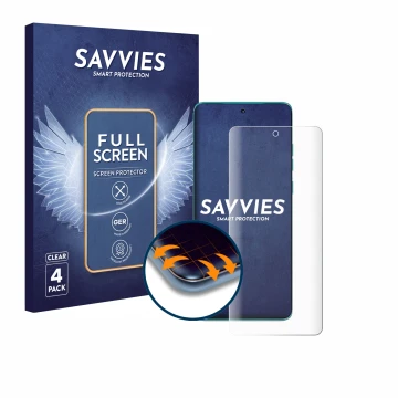 Front side of a product packaging with the brand logo Savvies. Next to it is the device Motorola Edge 60 shown with the corres