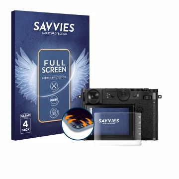 Front side of a product packaging with the brand logo Savvies. Next to it is the device Fujifilm GFX 100RF shown with the corr
