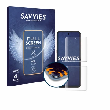 Front side of a product packaging with the brand logo Savvies. Next to it is the device Motorola Razr 60 Ultra shown with the 