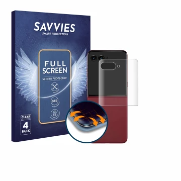Front side of a product packaging with the brand logo Savvies. Next to it is the device Motorola Razr 60 Ultra (Back display) 