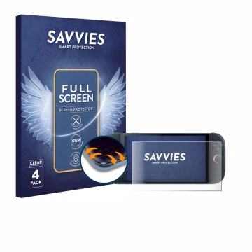Front side of a product packaging with the brand logo Savvies. Next to it is the device Nintendo Switch 2 shown with the corre