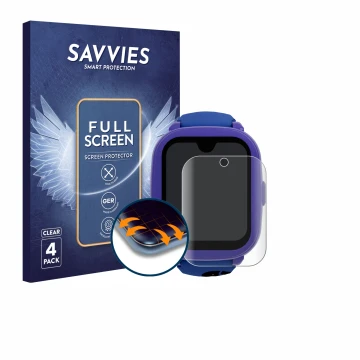 Front side of a product packaging with the brand logo Savvies. Next to it is the device SaveFamily Iconic Plus 2 4G shown with