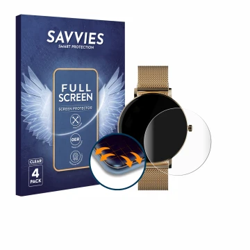Front side of a product packaging with the brand logo Savvies. Next to it is the device ZenWatch Venice Pro shown with the cor