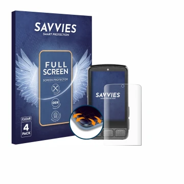 Front side of a product packaging with the brand logo Savvies. Next to it is the device Wahoo Elemnt Roam V3 shown with the co