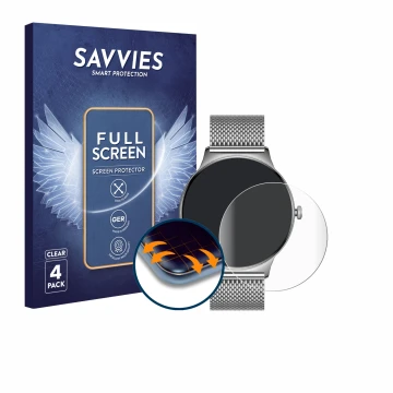 Front side of a product packaging with the brand logo Savvies. Next to it is the device Pireware Slim Smartwatch shown with th