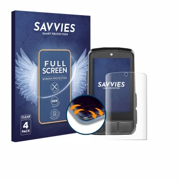 Front side of a product packaging with the brand logo Savvies. Next to it is the device Wahoo Elemnt Bolt 3 shown with the cor