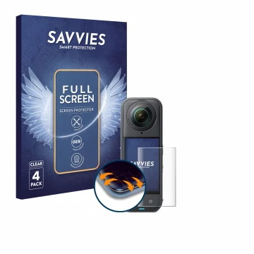Front side of a product packaging with the brand logo Savvies. Next to it is the device Insta360 X5 shown with the correspondi