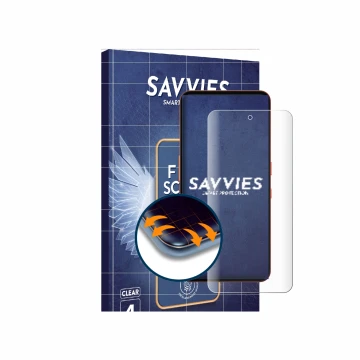 Front side of a product packaging with the brand logo Savvies. Next to it is the device Nothing CMF Phone 2 Pro shown with the