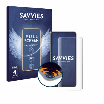 Front side of a product packaging with the brand logo Savvies. Next to it is the device realme GT 7T shown with the correspond