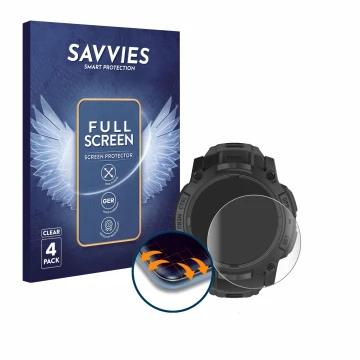 Front side of a product packaging with the brand logo Savvies. Next to it is the device Garmin Instinct 3 Tactical AMOLED Edit