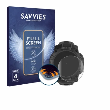 Front side of a product packaging with the brand logo Savvies. Next to it is the device Garmin Instinct 3 Solar Tactical Editi