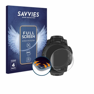 Front side of a product packaging with the brand logo Savvies. Next to it is the device Garmin Instinct 3 Solar Tactical Editi