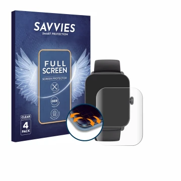Front side of a product packaging with the brand logo Savvies. Next to it is the device Hama Smartwatch 6010 shown with the co