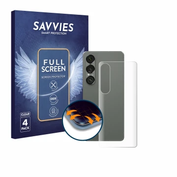 Front side of a product packaging with the brand logo Savvies. Next to it is the device Sony Xperia 1 VII (Back) shown with th