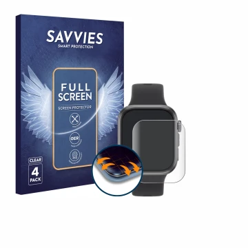 Front side of a product packaging with the brand logo Savvies. Next to it is the device Huawei Watch Fit 4 shown with the corr