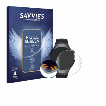 Front side of a product packaging with the brand logo Savvies. Next to it is the device Huawei Watch 5 (46 mm) shown with the 