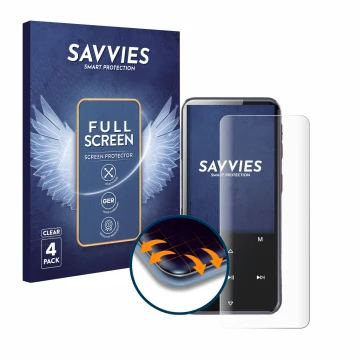 Front side of a product packaging with the brand logo Savvies. Next to it is the device AGPtek M3 shown with the corresponding