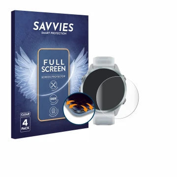 Front side of a product packaging with the brand logo Savvies. Next to it is the device Garmin Forerunner 570 (42 mm) shown wi