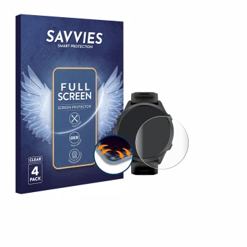Front side of a product packaging with the brand logo Savvies. Next to it is the device Garmin Forerunner 570 (47 mm) shown wi
