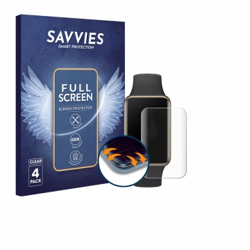 Front side of a product packaging with the brand logo Savvies. Next to it is the device Honor Band 10 shown with the correspon