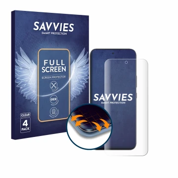 Front side of a product packaging with the brand logo Savvies. Next to it is the device Infinix GT 30 Pro shown with the corre