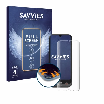 Front side of a product packaging with the brand logo Savvies. Next to it is the device Doro Aurora A30 shown with the corresp