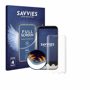 Front side of a product packaging with the brand logo Savvies. Next to it is the device Doro Aurora A10 shown with the corresp
