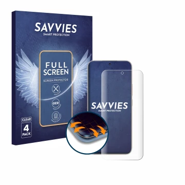 Front side of a product packaging with the brand logo Savvies. Next to it is the device Honor 400 shown with the corresponding