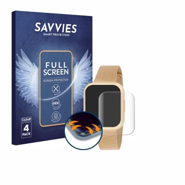 Front side of a product packaging with the brand logo Savvies. Next to it is the device Liu Jo Smartwatch Voice Mini shown wit