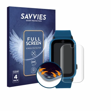 Front side of a product packaging with the brand logo Savvies. Next to it is the device One2Track Connect Adventure shown with