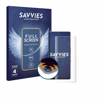Front side of a product packaging with the brand logo Savvies. Next to it is the device ZTE Nubia Red Magic 10S Pro shown with