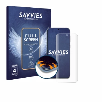 Front side of a product packaging with the brand logo Savvies. Next to it is the device Huawei Pura 80 Ultra shown with the co