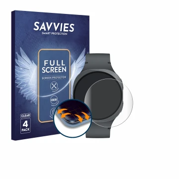 Front side of a product packaging with the brand logo Savvies. Next to it is the device Samsung Galaxy Watch 8 (40 mm) shown w