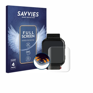 Front side of a product packaging with the brand logo Savvies. Next to it is the device Garmin Venu X1 shown with the correspo