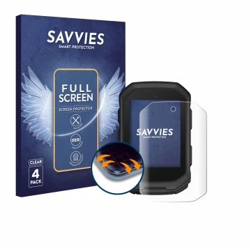 Front side of a product packaging with the brand logo Savvies. Next to it is the device Garmin Edge MTB shown with the corresp