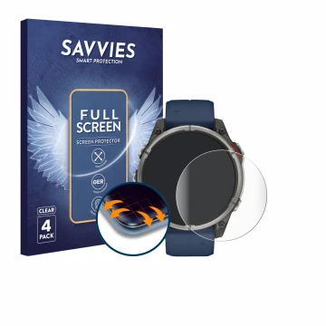 Front side of a product packaging with the brand logo Savvies. Next to it is the device Garmin quatix 8 (47 mm) shown with the