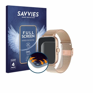 Front side of a product packaging with the brand logo Savvies. Next to it is the device Pireware Elegance 4 shown with the cor
