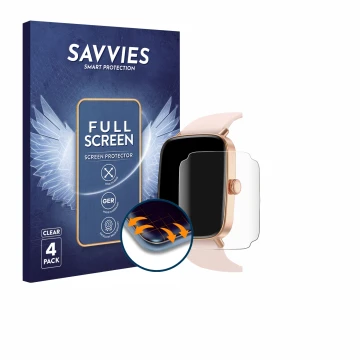 Front side of a product packaging with the brand logo Savvies. Next to it is the device Yoever Smartwatch 1.85
