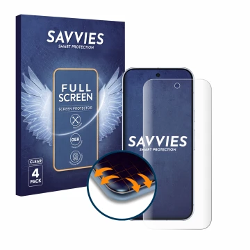 Front side of a product packaging with the brand logo Savvies. Next to it is the device Google Pixel 10 Pro shown with the cor