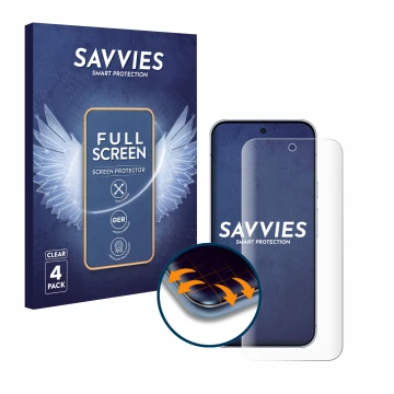 Front side of a product packaging with the brand logo Savvies. Next to it is the device Google Pixel 10 Pro XL shown with the 