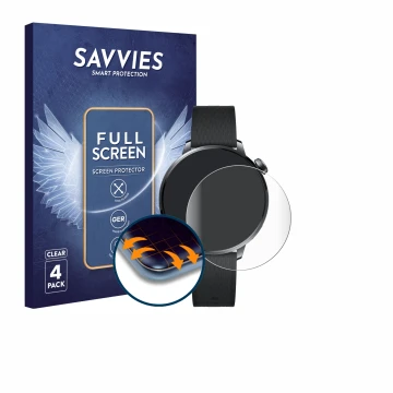 Front side of a product packaging with the brand logo Savvies. Next to it is the device OnePlus Watch 3 (43 mm) shown with the