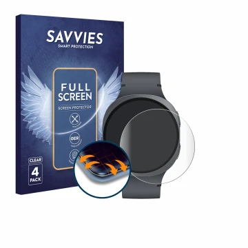 Front side of a product packaging with the brand logo Savvies. Next to it is the device Samsung Galaxy Watch 8 (44 mm) shown w